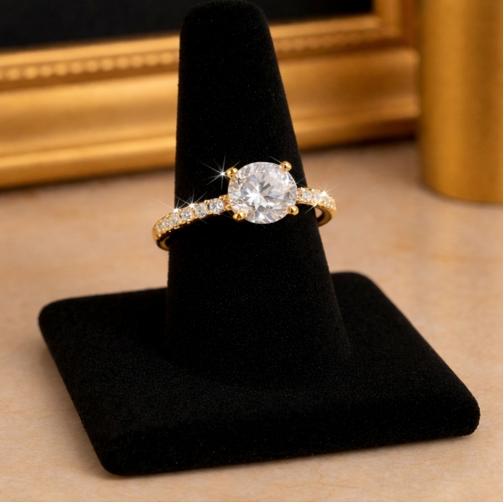 Brilliant Round Cut Simulated Diamonds 14k Gold Plated Engagement Ring